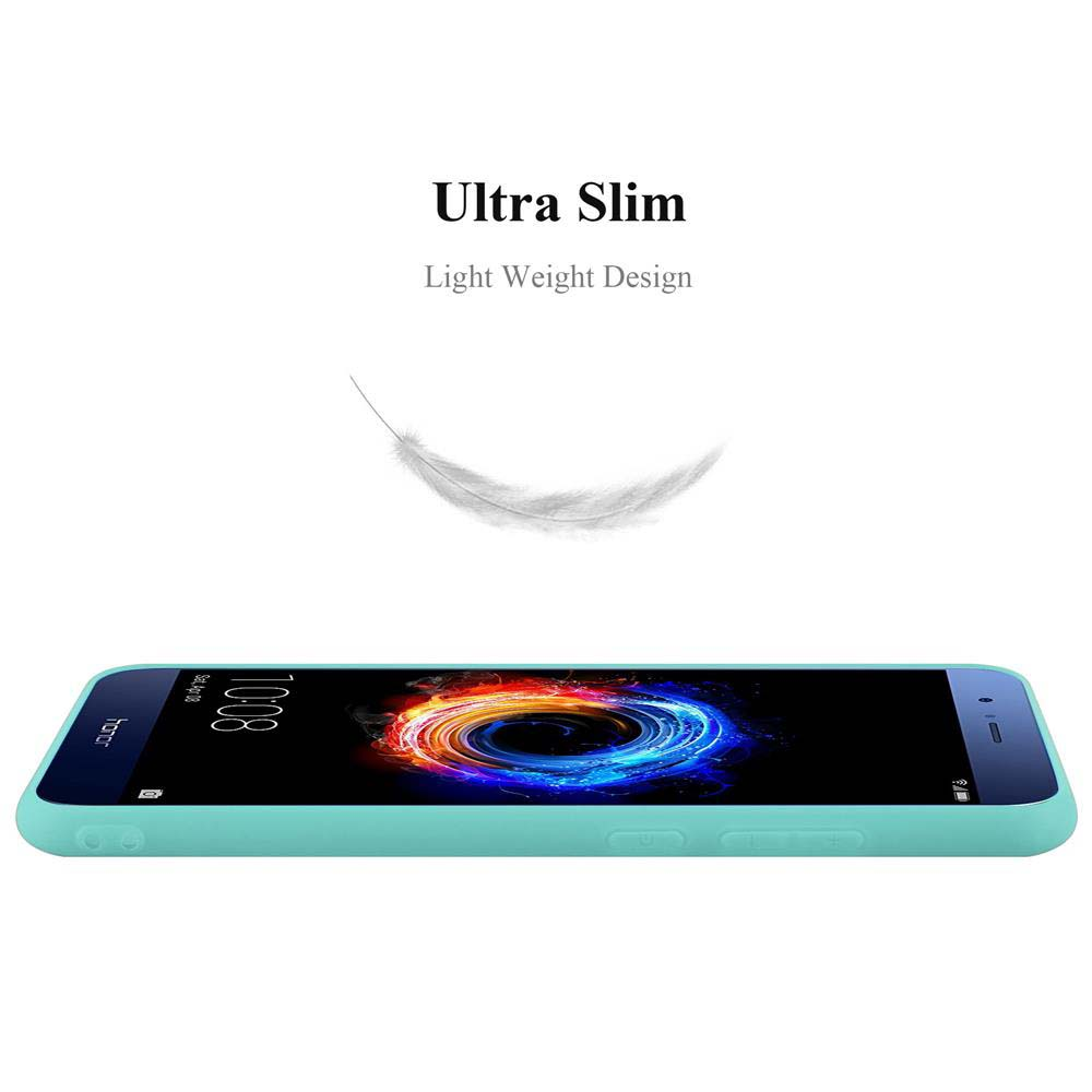 Un telefono in una custodia azzurra. Una grafica di piuma sopra. Il telefono è sdraiato su un lato. Sfondo bianco.