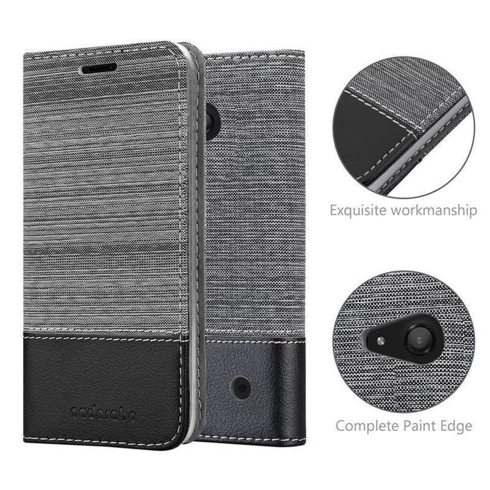 Funda de teléfono gris con cuero negro y gris. Texto: Mano de obra exquisita, Complete Paint Edge.