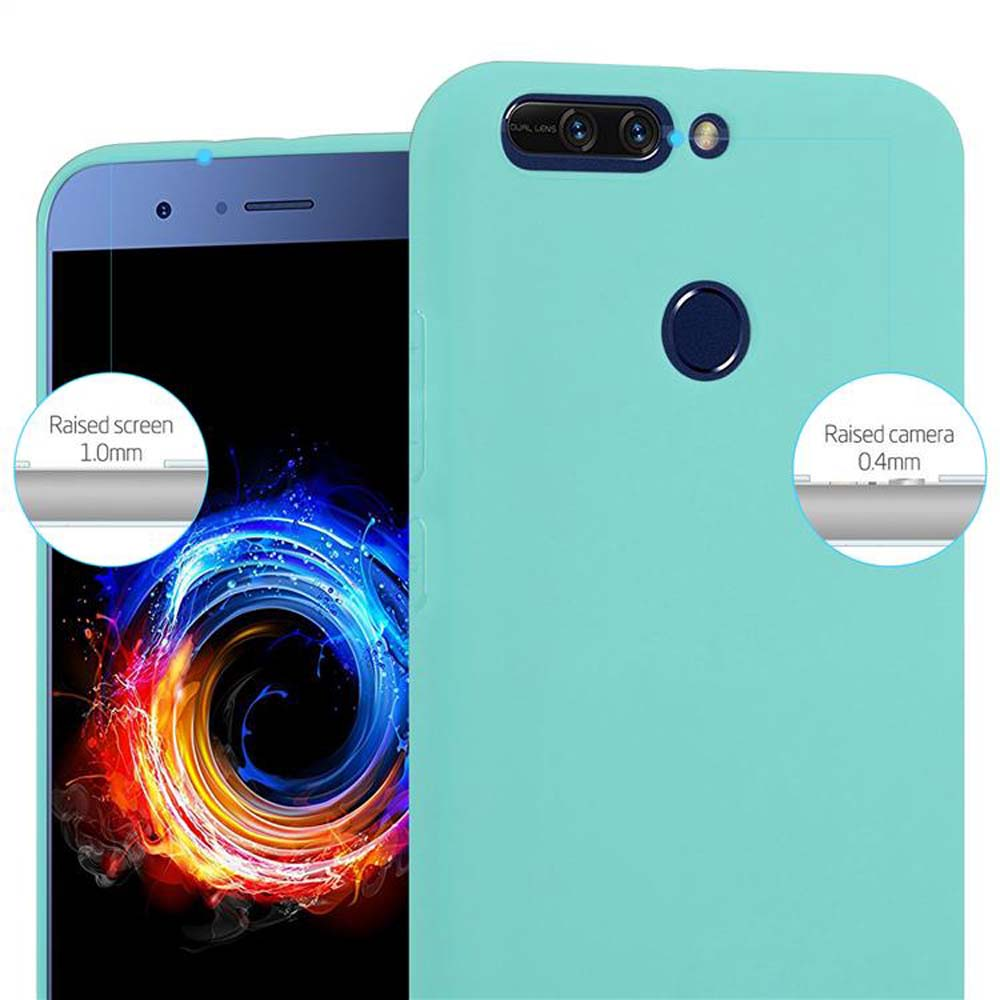 Custodia per telefono color verde acqua con un telefono all'interno, che mostra schermo e fotocamera rialzati con misure.