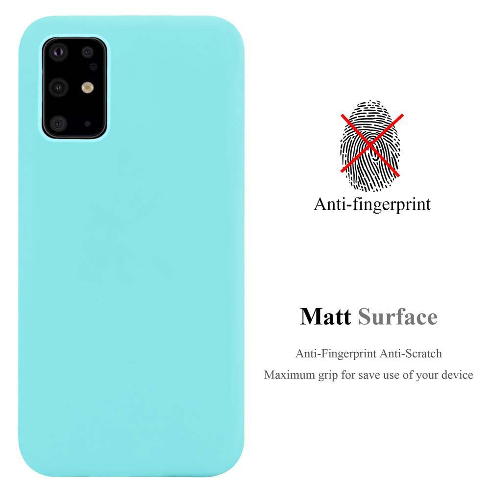 Una custodia blu per telefono, con uno sfondo bianco, che mostra l'anti-impronta e l'anti-graffio.