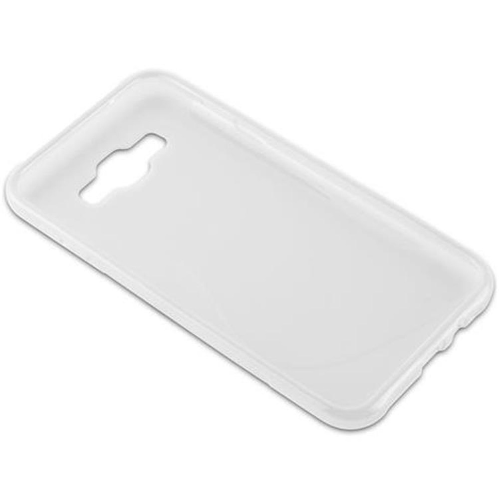 Weißes, klares Kunststoff-Handycase. Es hat Öffnungen für Kamera und Knöpfe.