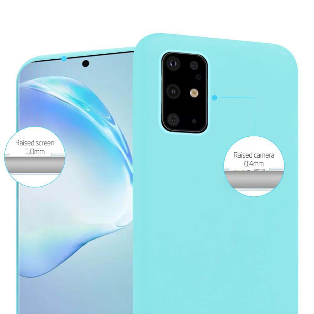 Custodia per telefono azzurra. Schermo e fotocamera rialzati. Telefono non visibile. Il testo recita 'Schermo rialzato'.