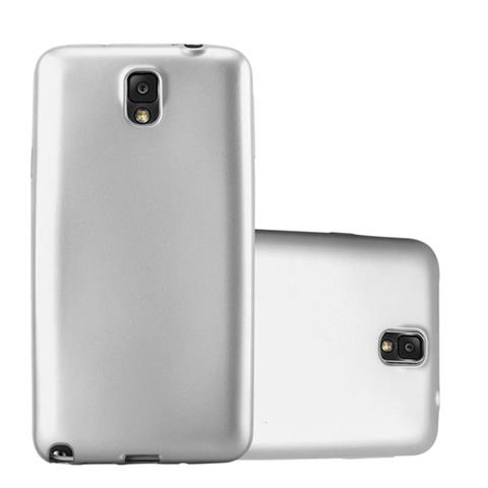 Due custodie per telefono argentate, una rivolta in avanti e l'altra indietro. Entrambe hanno un foro per la fotocamera.