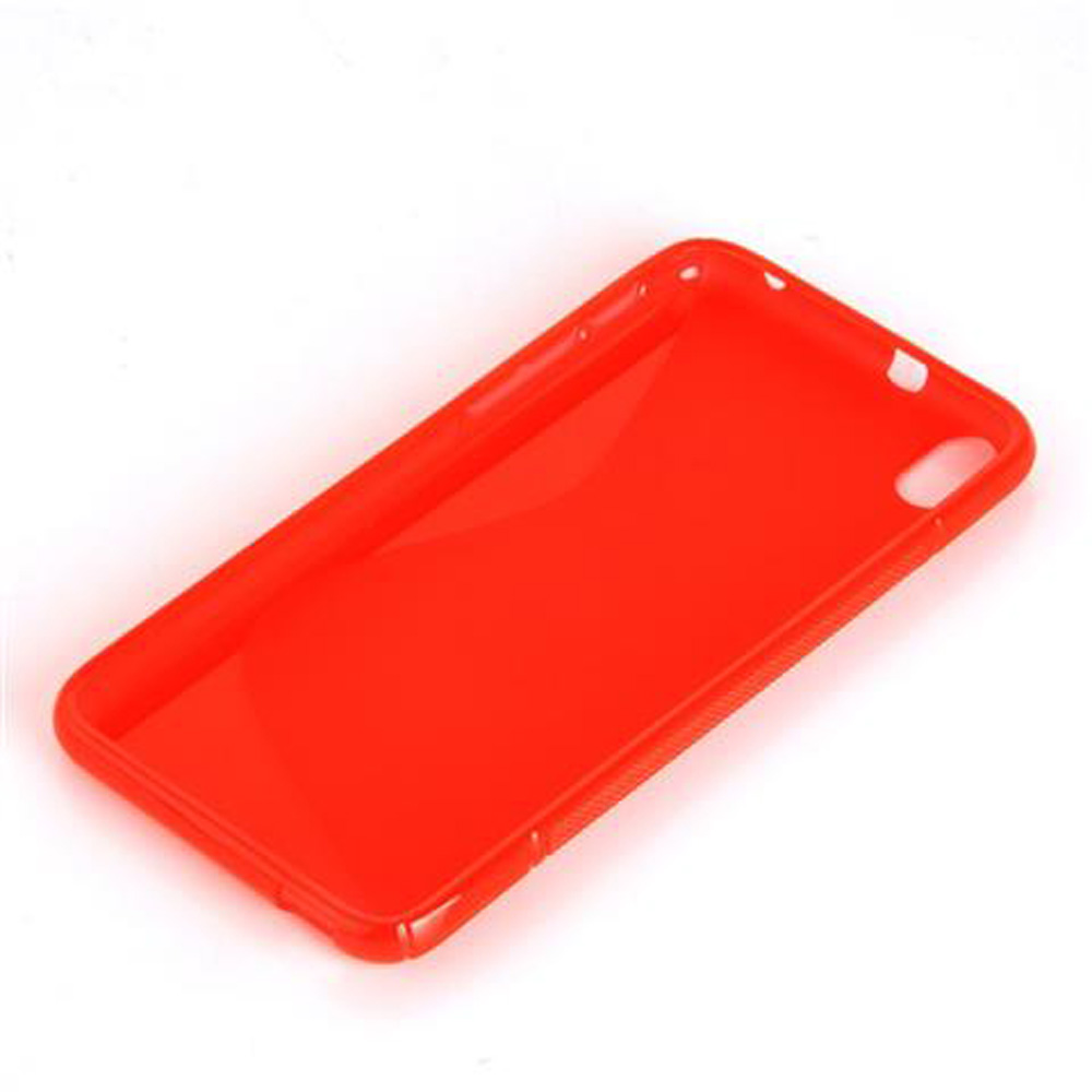 Una custodia per telefono rosso brillante, vista dall'alto. La custodia ha una finitura lucida ed è vuota.