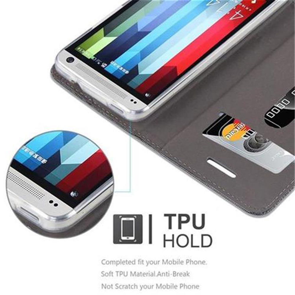 Teléfono en una funda tipo libro gris. Ranuras para tarjetas de crédito. Texto: TPU HOLD, se adapta a tu móvil.