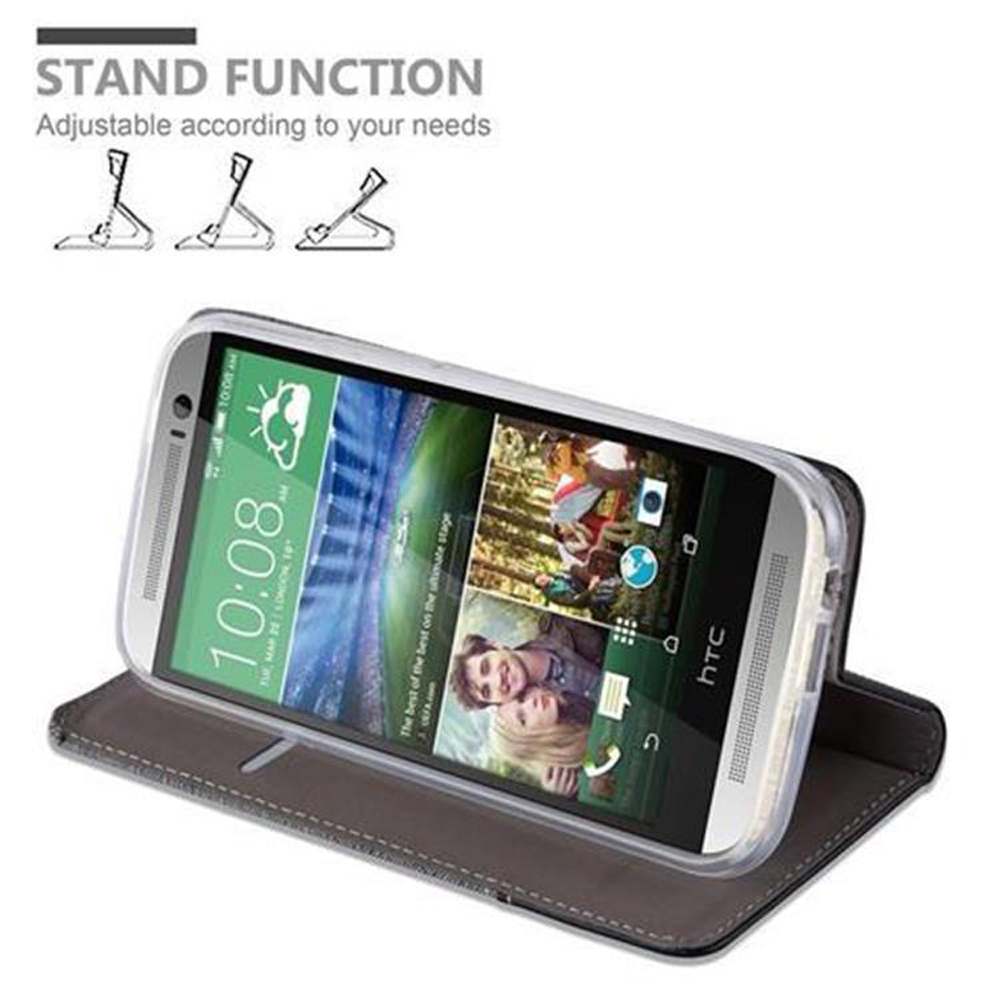 Smartphone in einer Hülle, zum Aufstellen hochgeklappt. Der Bildschirm zeigt Uhrzeit und Bild.