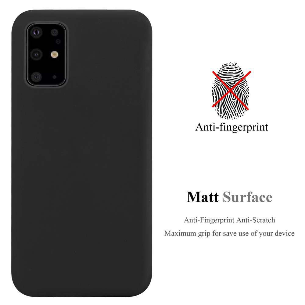 Custodia nera per telefono, simbolo dell'impronta digitale, sfondo bianco.