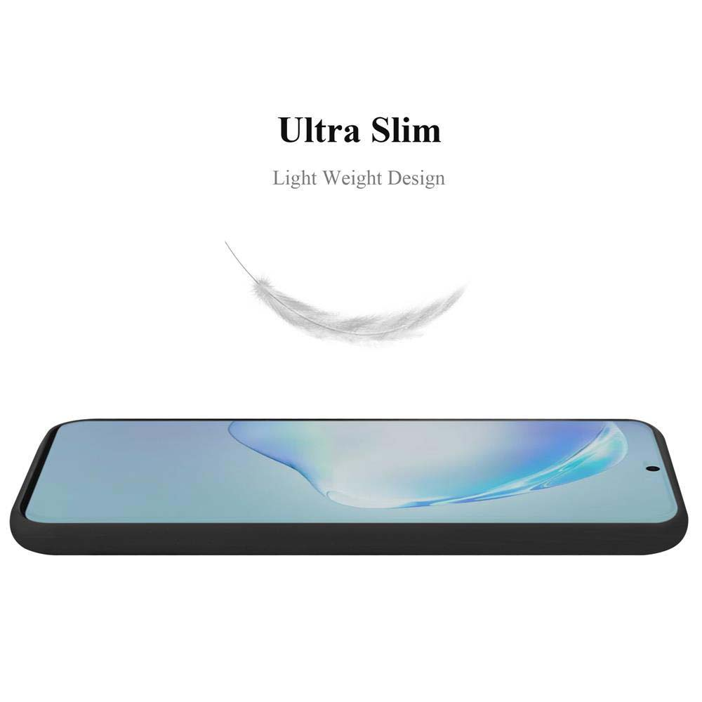 Telefono nero in una custodia dal design leggero. Una piuma fluttua sopra il telefono.