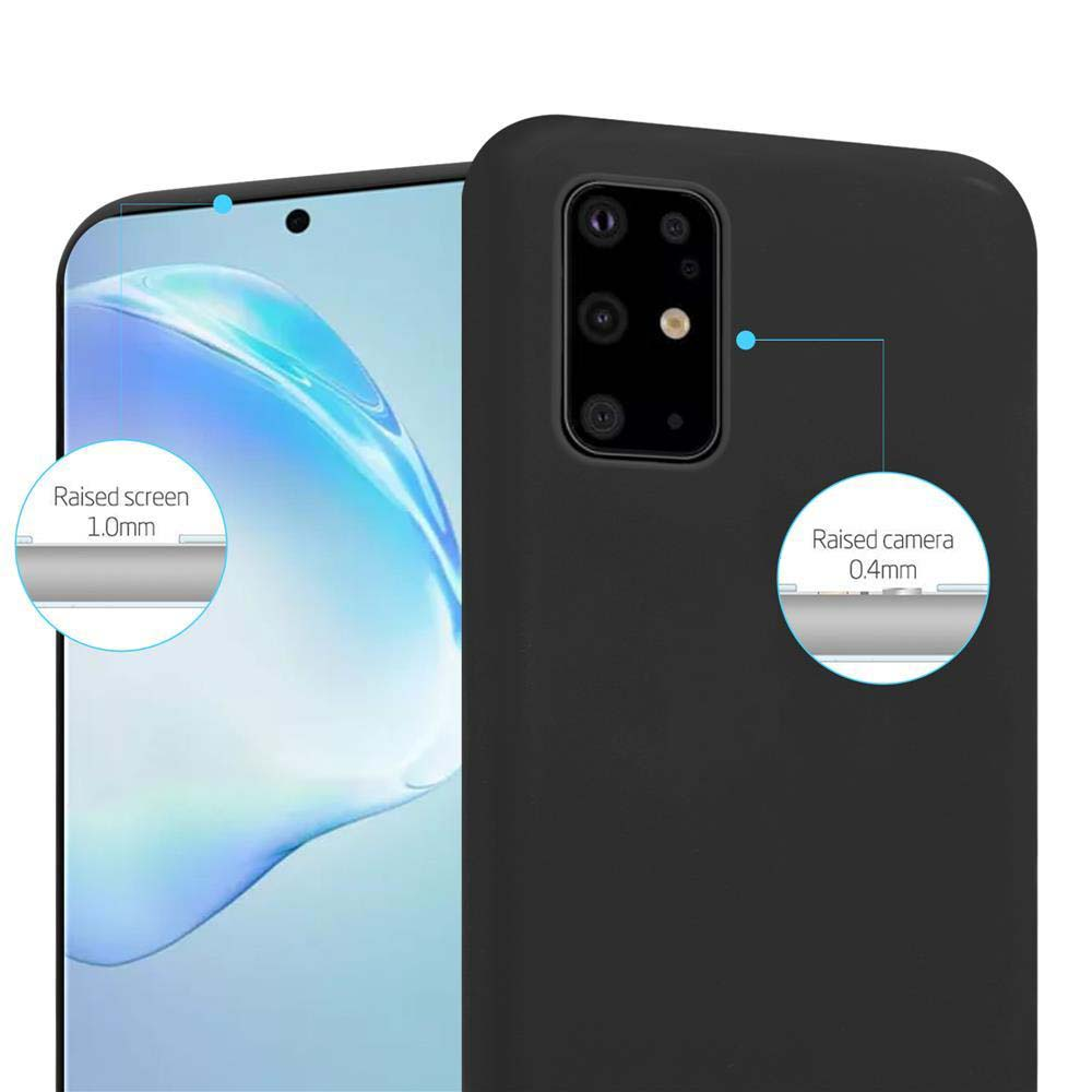 Una custodia per telefono nera con un telefono. Ci sono diagrammi dello schermo e della fotocamera. Sfondo bianco.