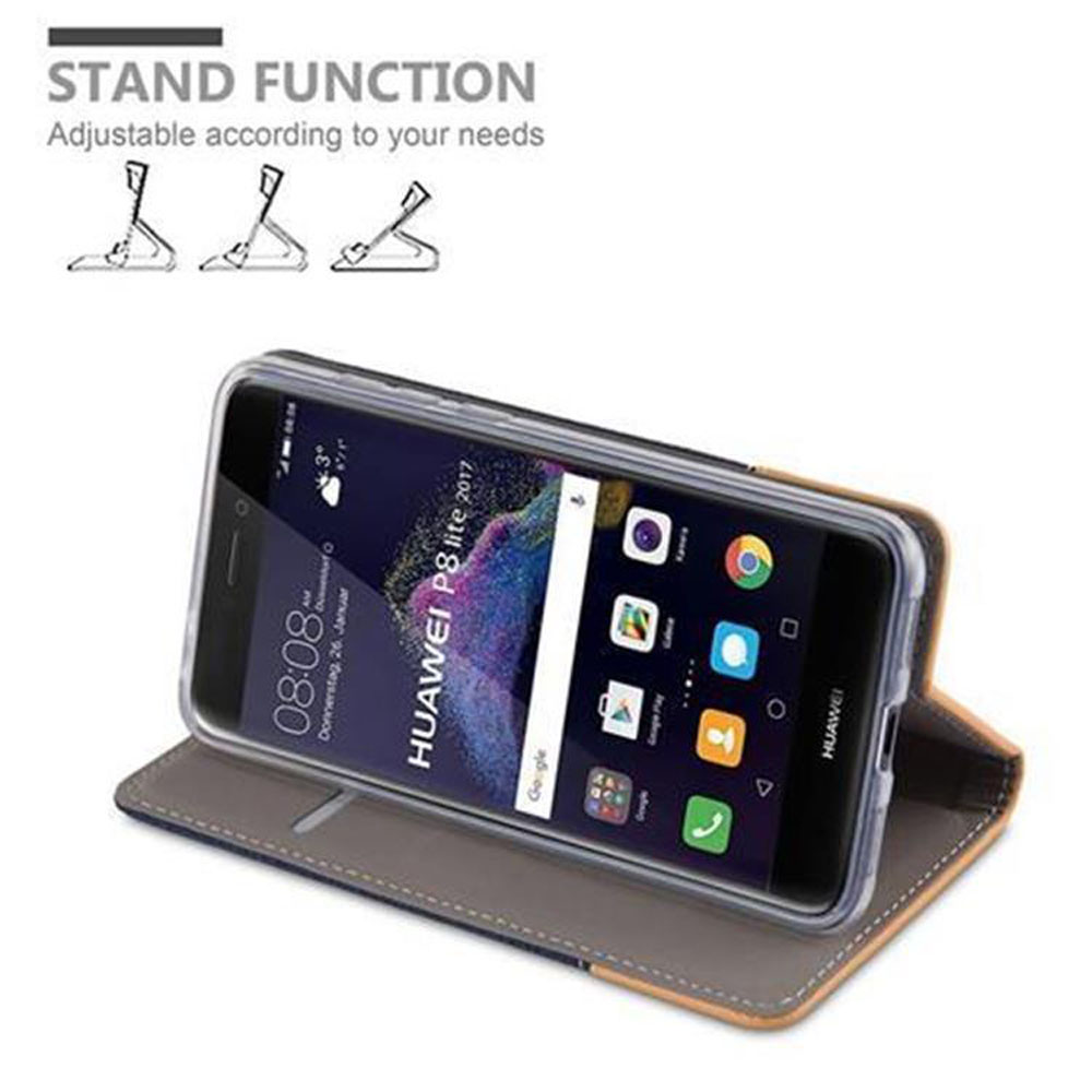 Custodia del telefono che mostra un telefono con l'ora 08:08. Testo "STAND FUNCTION" e diagrammi.