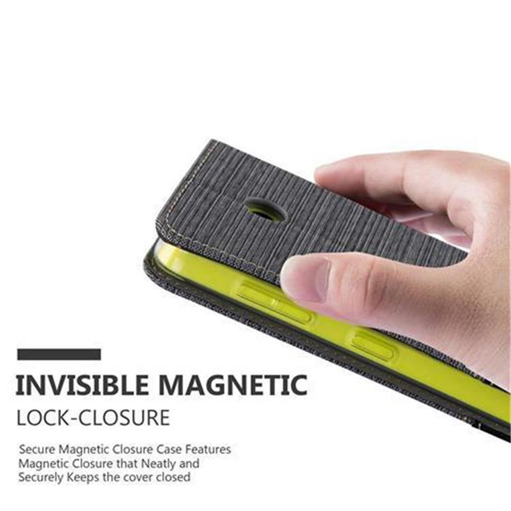Una mano sosteniendo una funda para teléfono, con el texto 'INVISIBLE MAGNETIC LOCK-CLOSURE'.