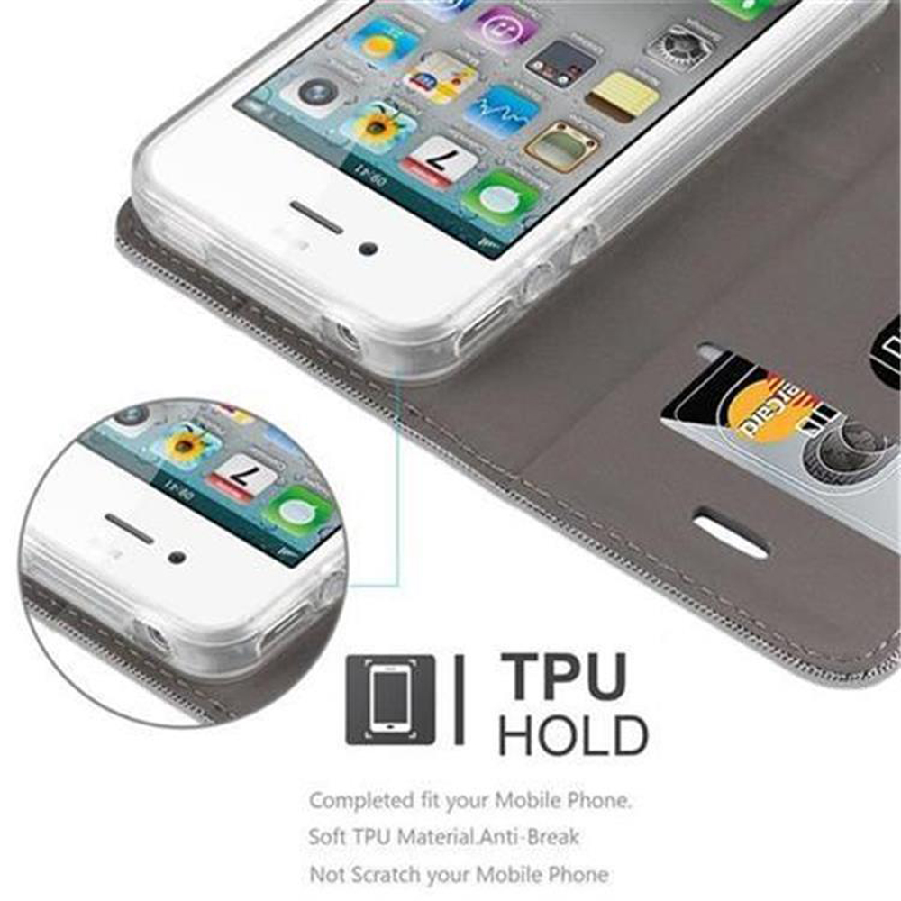 Ein Telefon in einer durchsichtigen Hülle, auf einer Brieftasche, mit Text über Schutz.