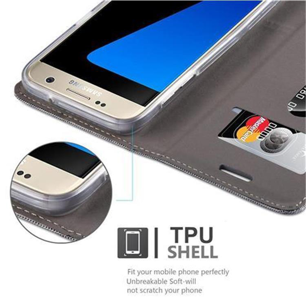 Telefono in una custodia a portafoglio grigia, che mostra lo schermo e lo slot per schede. Una carta di credito è visibile.