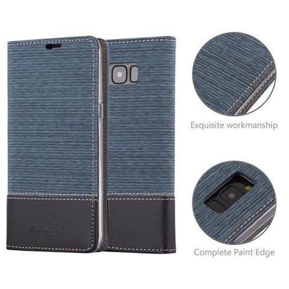 Handyhülle mit blauer Stoffstruktur und schwarzem Leder, mit Kreisdetail.