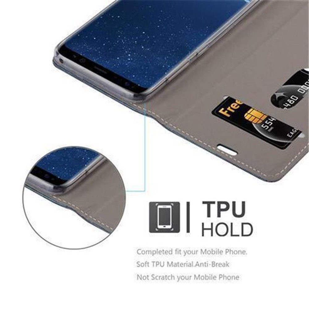 Telefon in einer Hülle mit Kreditkartenfächern. Kreditkarten vorhanden. Text: TPU HOLD.
