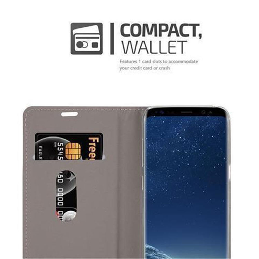 Telefon in grauer Hülle mit Kartenfächern. Text 'Compact Wallet' wird angezeigt.