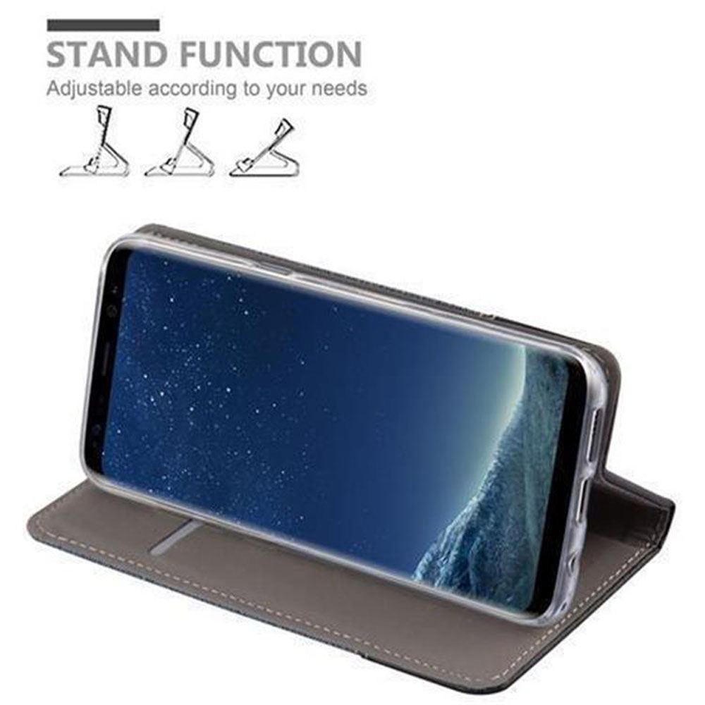 Telefon in Hülle, offen, Bildschirm mit Landschaft, Standfunktion.