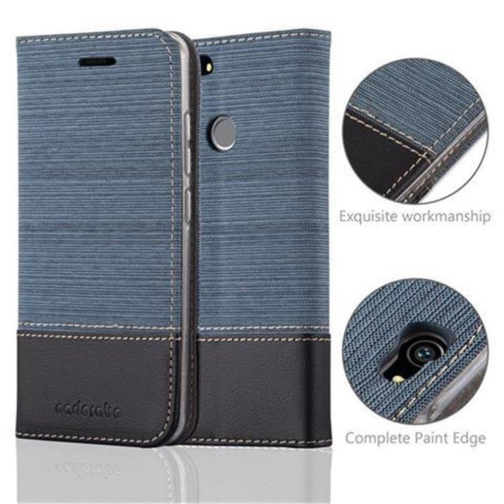 Eine blaue und schwarze Handyhülle, offen, zeigt das Innere und ein Telefon. Details zeigen Nähte und Kante.