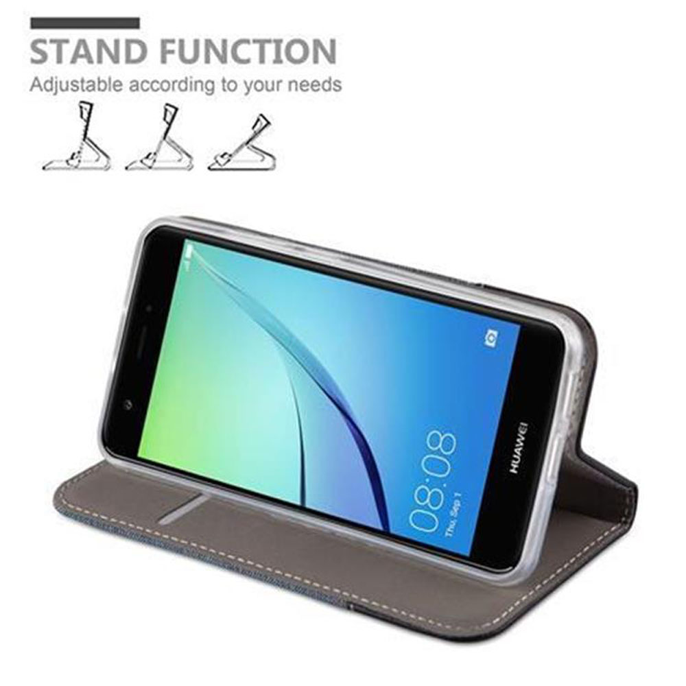 Telefon in grauem Etui, geöffnet, aufgestellt, mit Text zur Standfunktion.