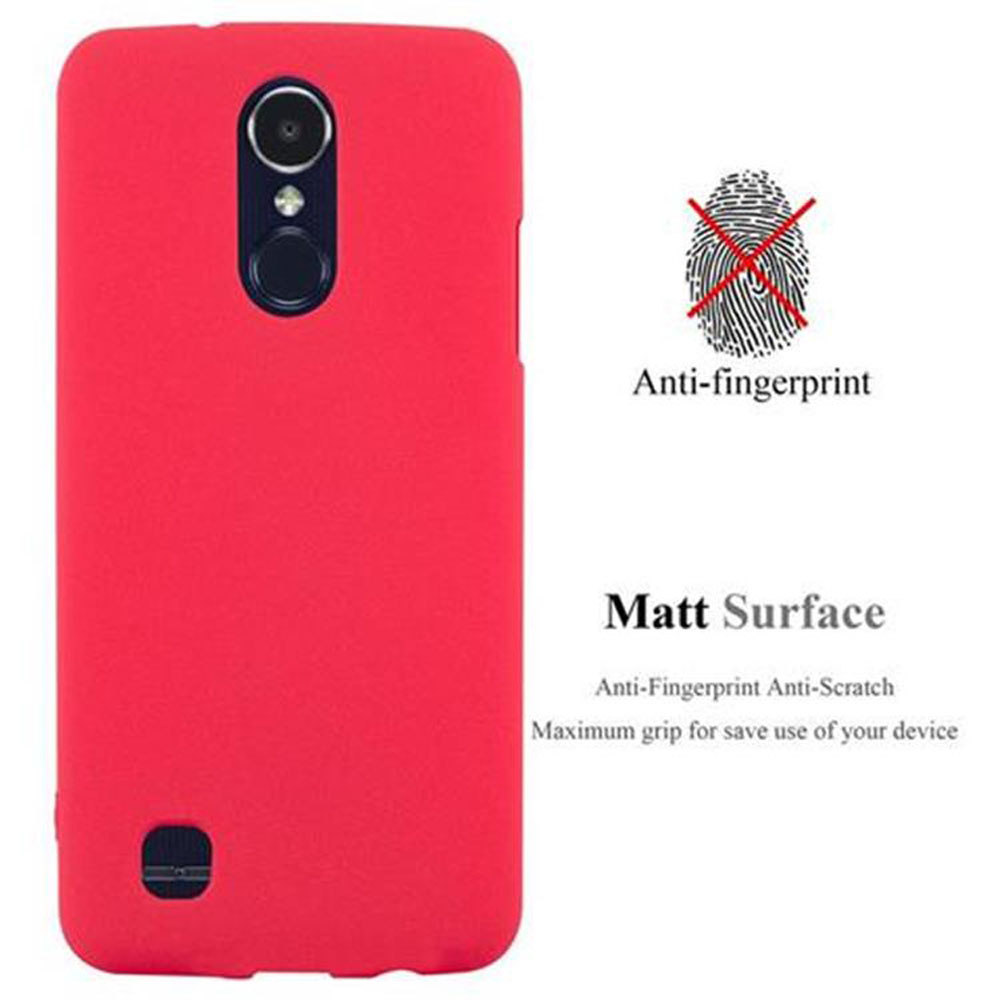 Una custodia per telefono rossa con un ritaglio per la fotocamera, testo anti-impronta e un'icona di impronta digitale.