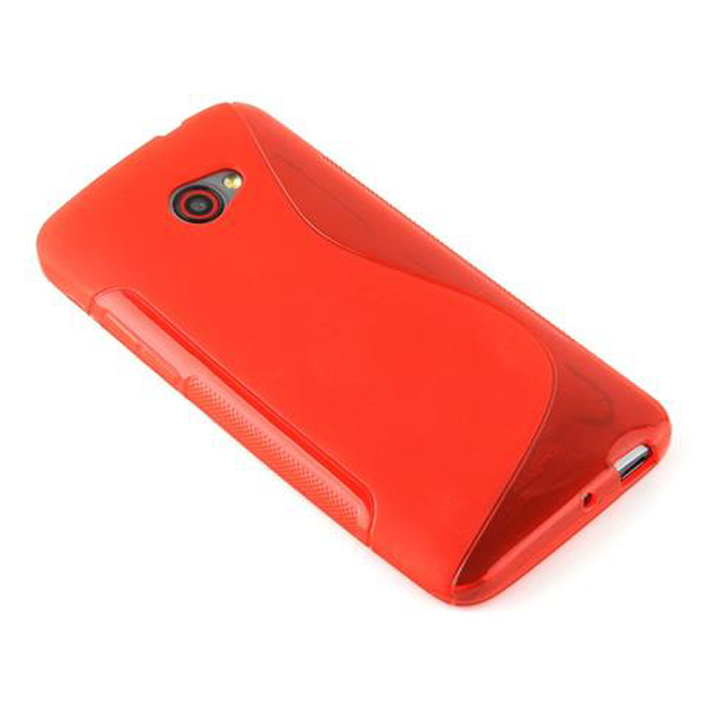 Una custodia rossa per telefono. La custodia ha un foro per la fotocamera e una porta di ricarica. La custodia è su sfondo bianco.