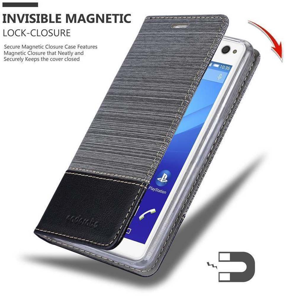 Telefonhülle offen, zeigt ein Telefon im Inneren. Unsichtbarer Magnetverschluss gezeigt.