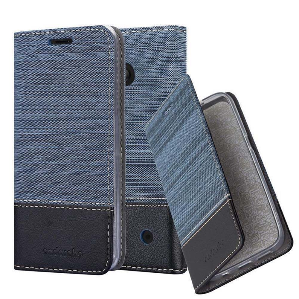 Una funda azul para teléfono con textura de mezclilla, abierta, mostrando un teléfono dentro.