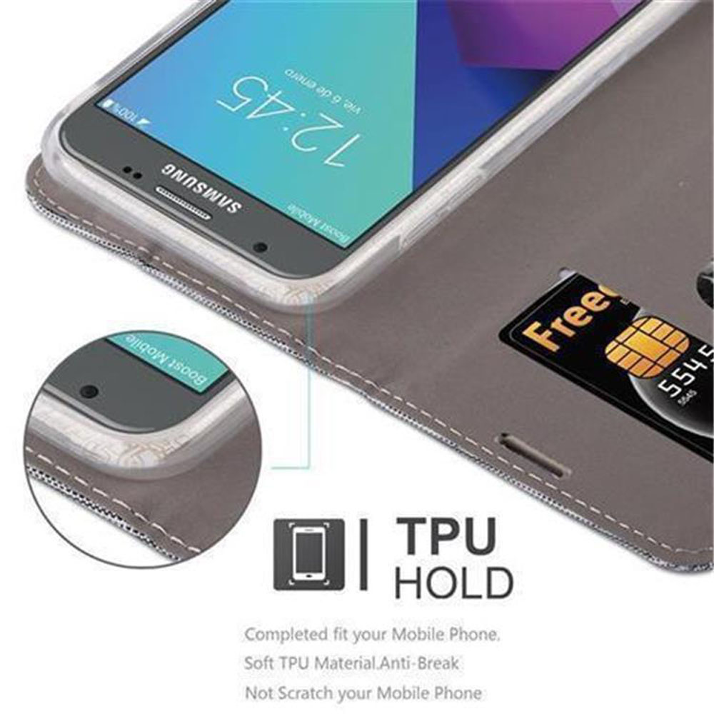Telefono all'interno di una custodia a portafoglio grigia, con carta di credito visibile. Lo schermo del telefono è visibile.