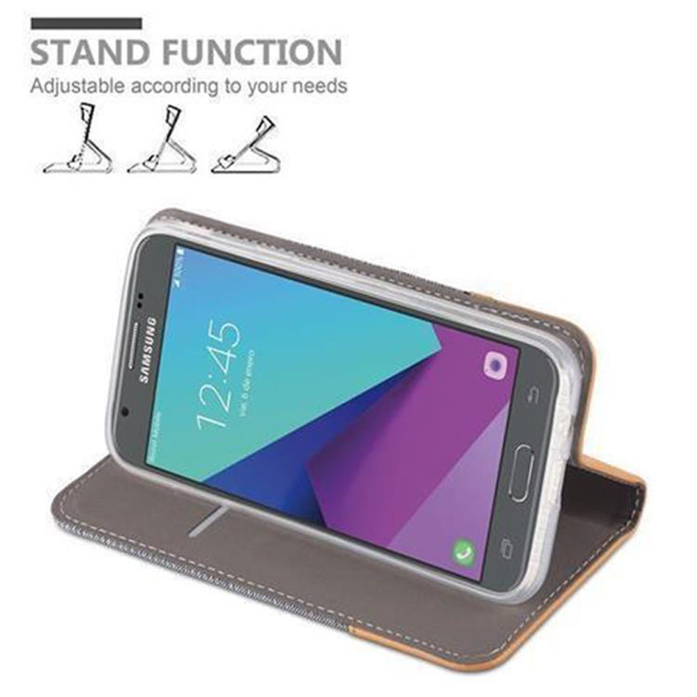 Custodia grigia con funzione stand, che tiene un telefono con schermo.