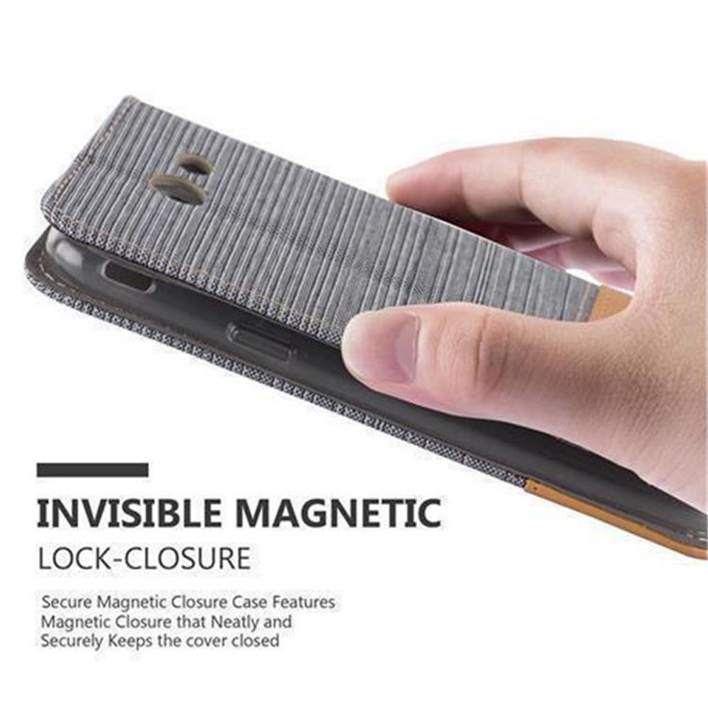 Una mano che tiene un telefono in una custodia. Il testo dice Chiusura magnetica invisibile. Chiusura magnetica sicura.