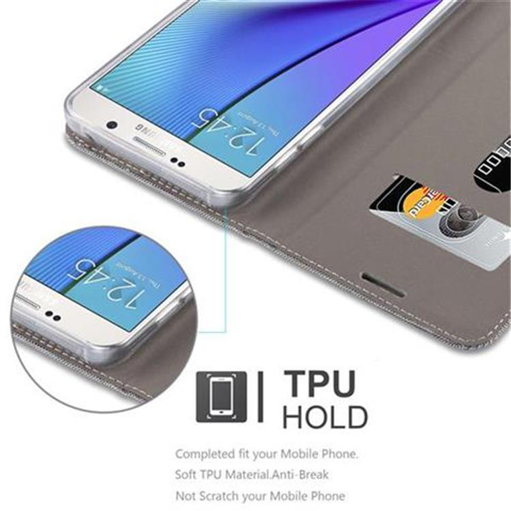 Telefono in custodia grigia, fessure per carte. Sfondo bianco. Testo: TPU HOLD.