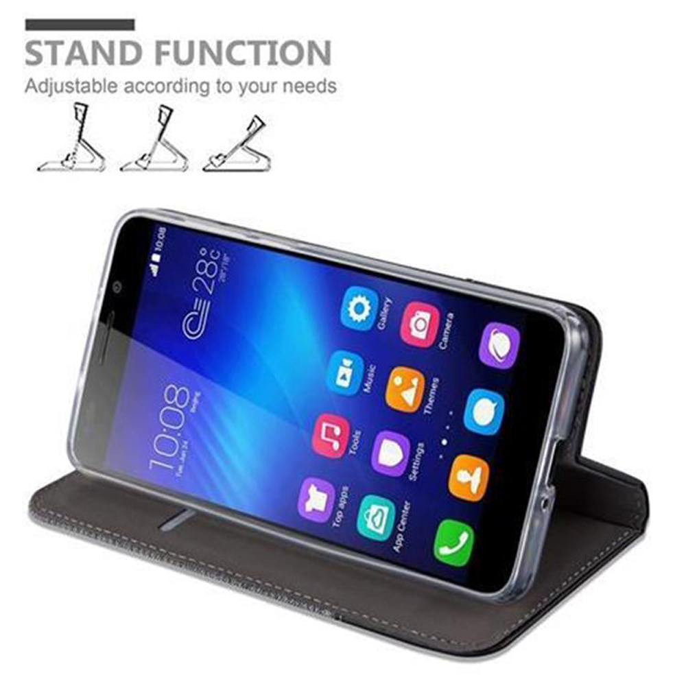 Telefon in einer Hülle, aufgestellt. Zeigt die Standfunktion mit einstellbaren Positionen. Weißer Hintergrund.