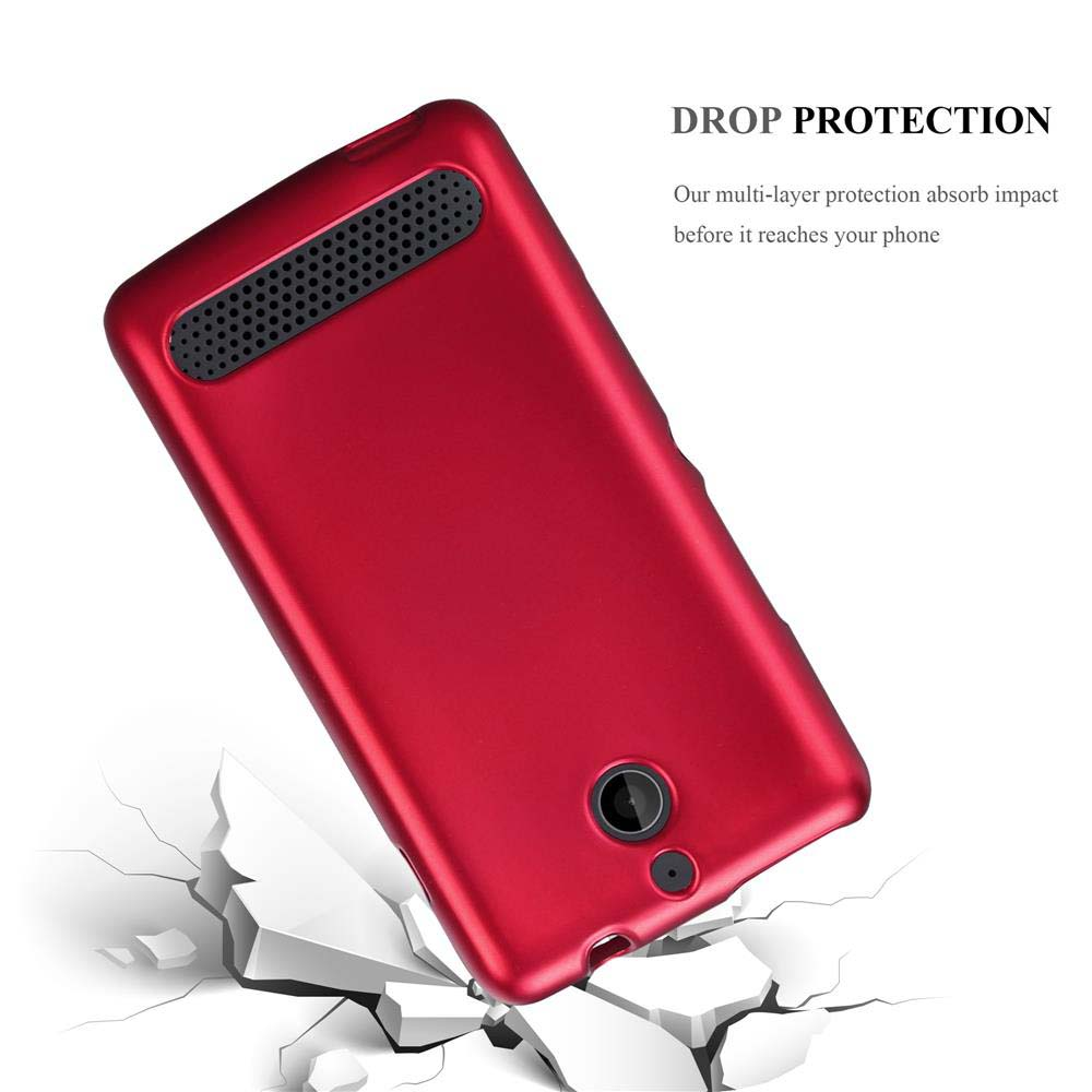Funda de teléfono roja cayendo, golpeando una superficie y causando grietas. Texto: 'Drop Protection'.