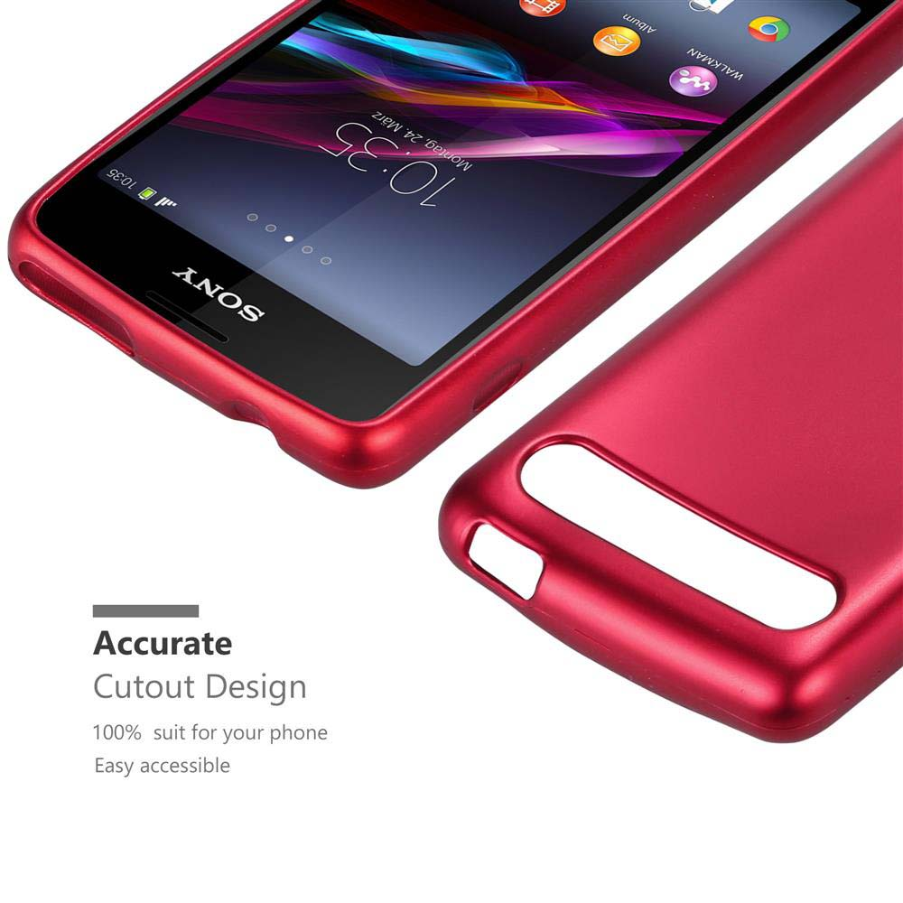 Teléfono y funda rojos mostrando la pantalla. La funda es roja y tiene un diseño recortado.