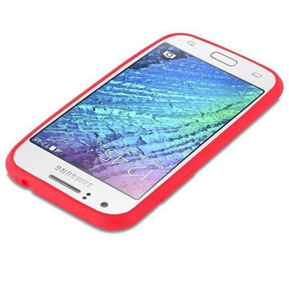 Custodia rossa per telefono su sfondo bianco. Il telefono all'interno ha uno sfondo blu e bianco. Marchio visibile.