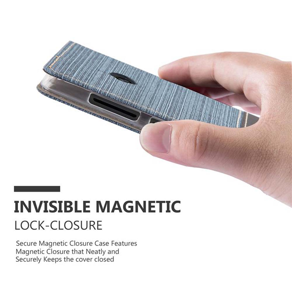 Mano che tiene una custodia grigia a fantasia. Testo: Chiusura magnetica invisibile.