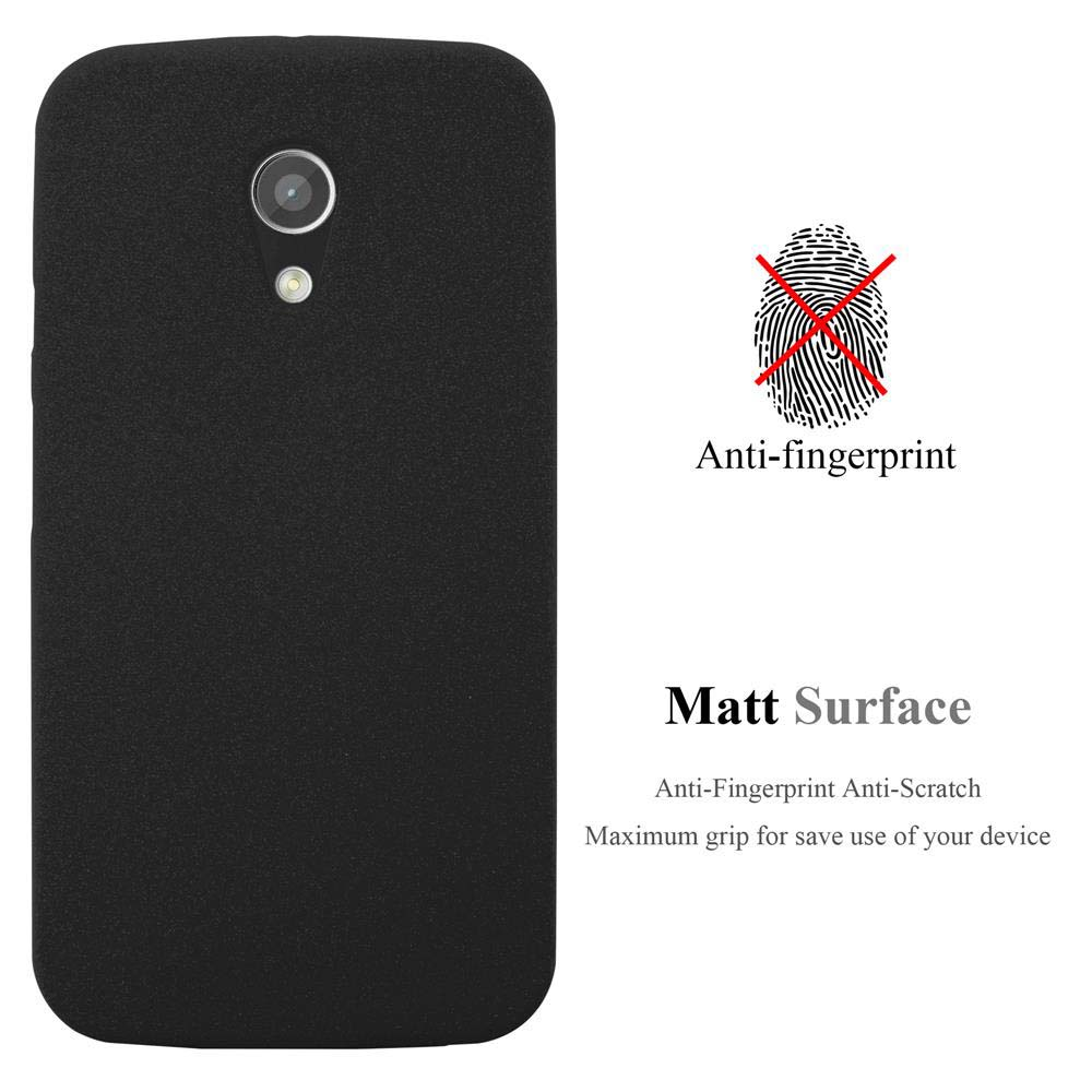 Funda de teléfono negra con las palabras 'Anti-huellas' y 'Superficie mate'. Un icono de huella dactilar es visible.