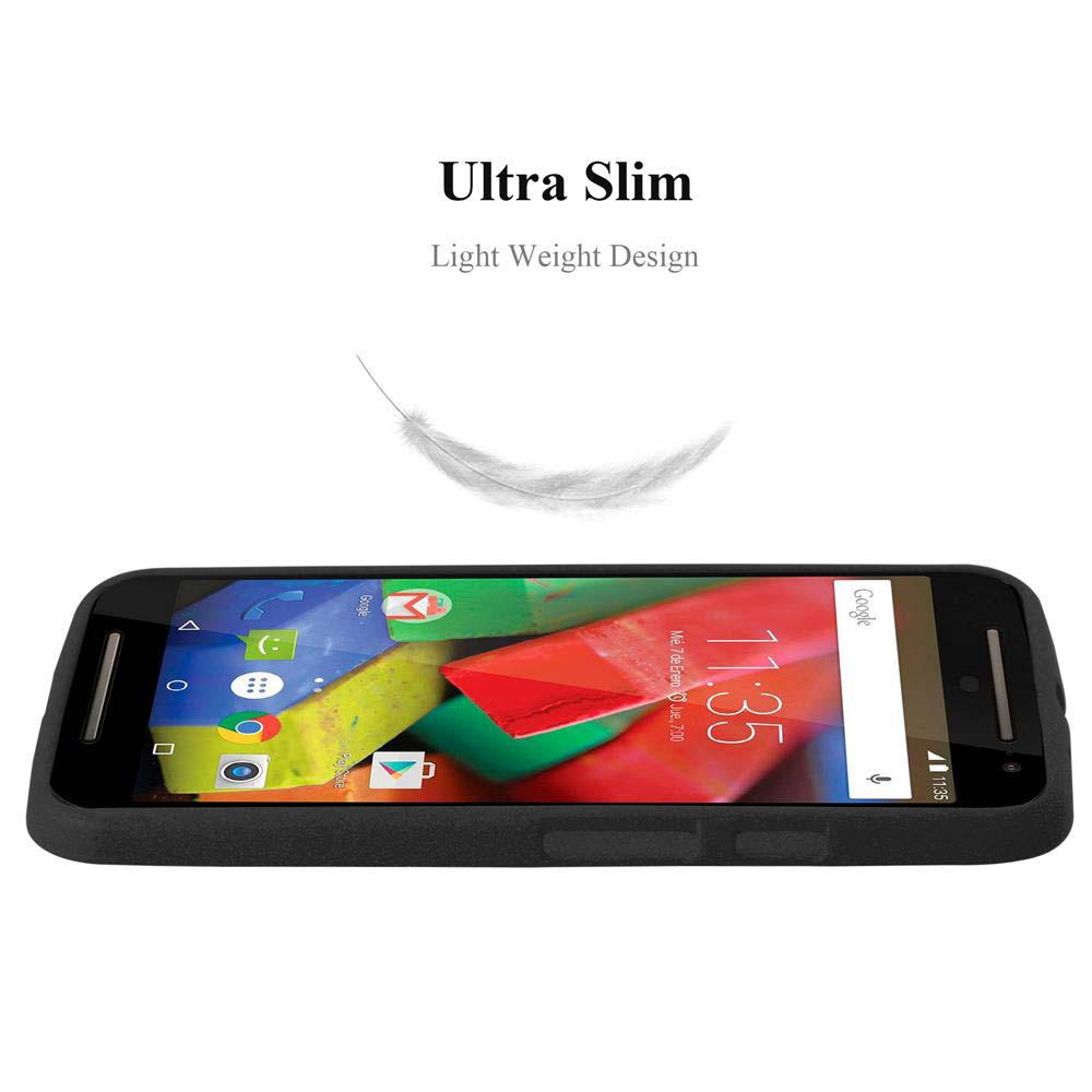 Teléfono negro en una funda, mostrando aplicaciones. La funda está sobre una superficie blanca.