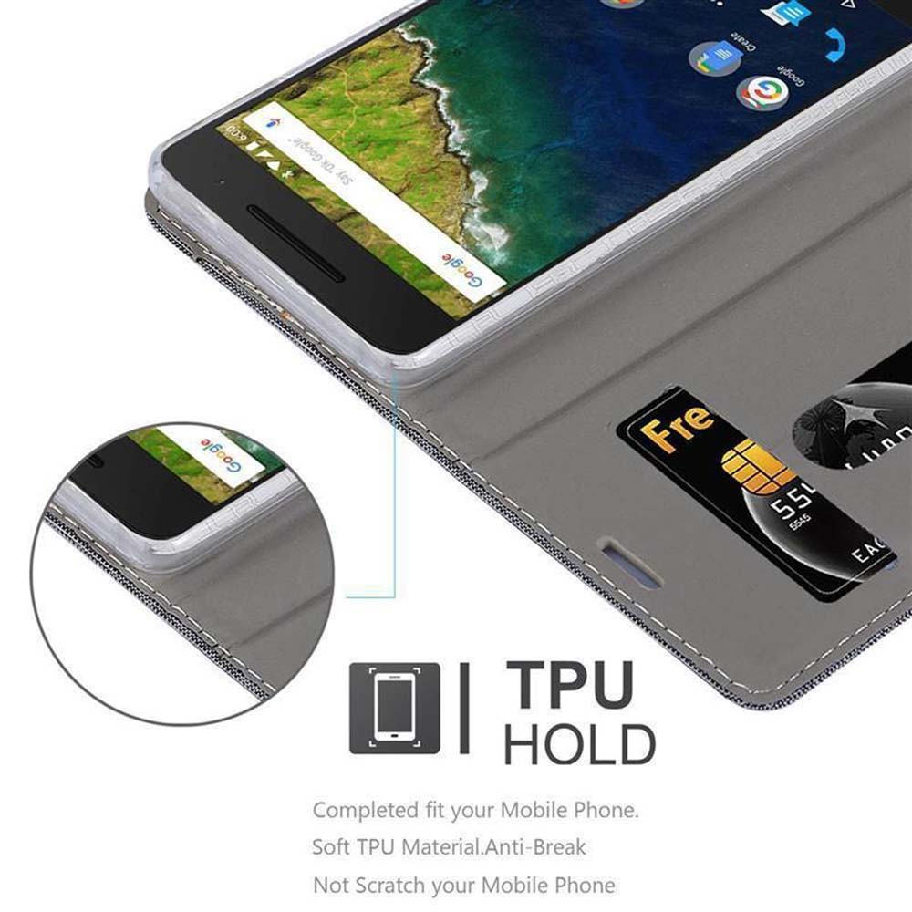 Un telefono in una custodia grigia con fessura per carta di credito. È visibile una carta di credito Fre. Il testo TPU HOLD è presente.