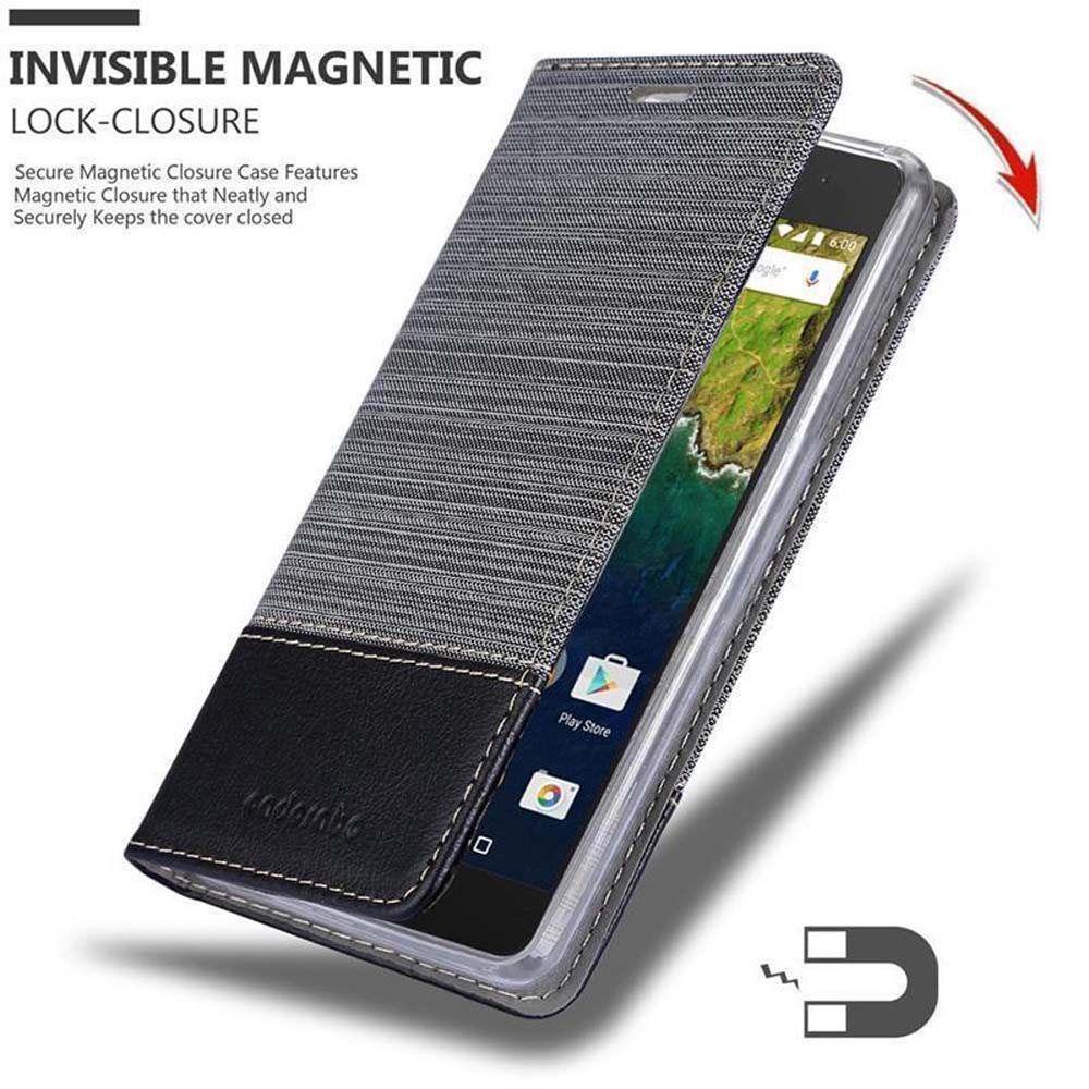 Custodia per telefono, aperta, che mostra il telefono. Design grigio e nero. Sfondo bianco.