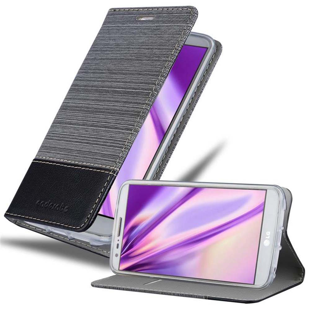 Teléfono en funda gris y negra. Funda abierta y cerrada. Teléfono muestra pantalla morada.