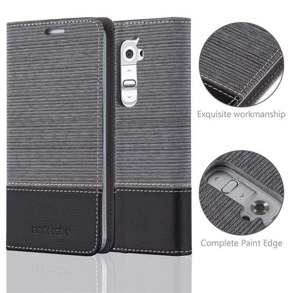 Funda de teléfono gris con ribete negro, abierta, con un teléfono dentro. Se muestran detalles de costuras y bordes.