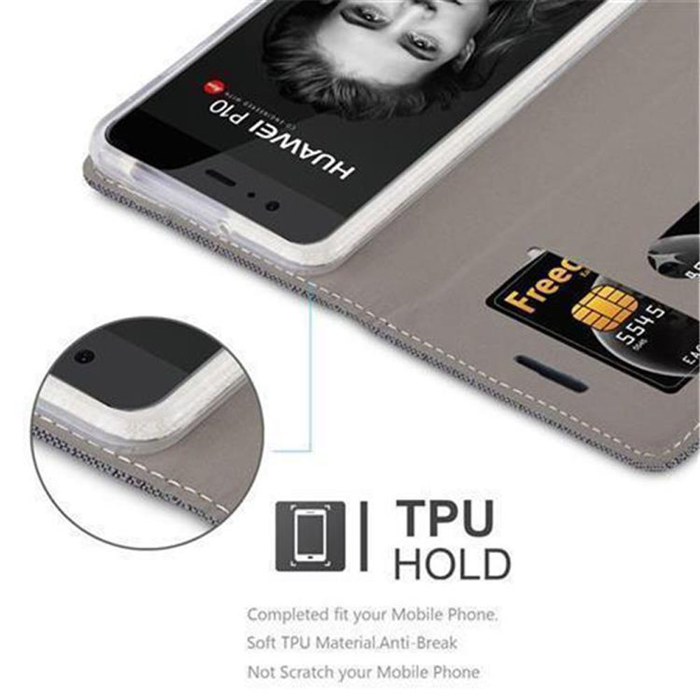 Telefon in grauer Brieftasche mit Kreditkarte. Text: TPU HOLD.