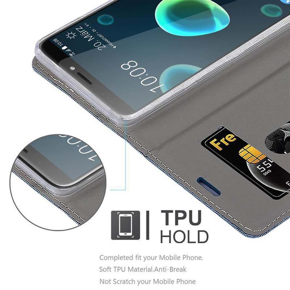 Un telefono in una custodia con fessura per carta di credito. Lo schermo mostra l'ora e la data. Supporto TPU e funzioni anti-rottura.