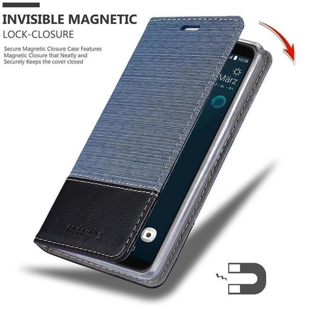 Custodia per telefono in denim blu con chiusura magnetica invisibile. La custodia è chiusa, mostrando lo schermo.