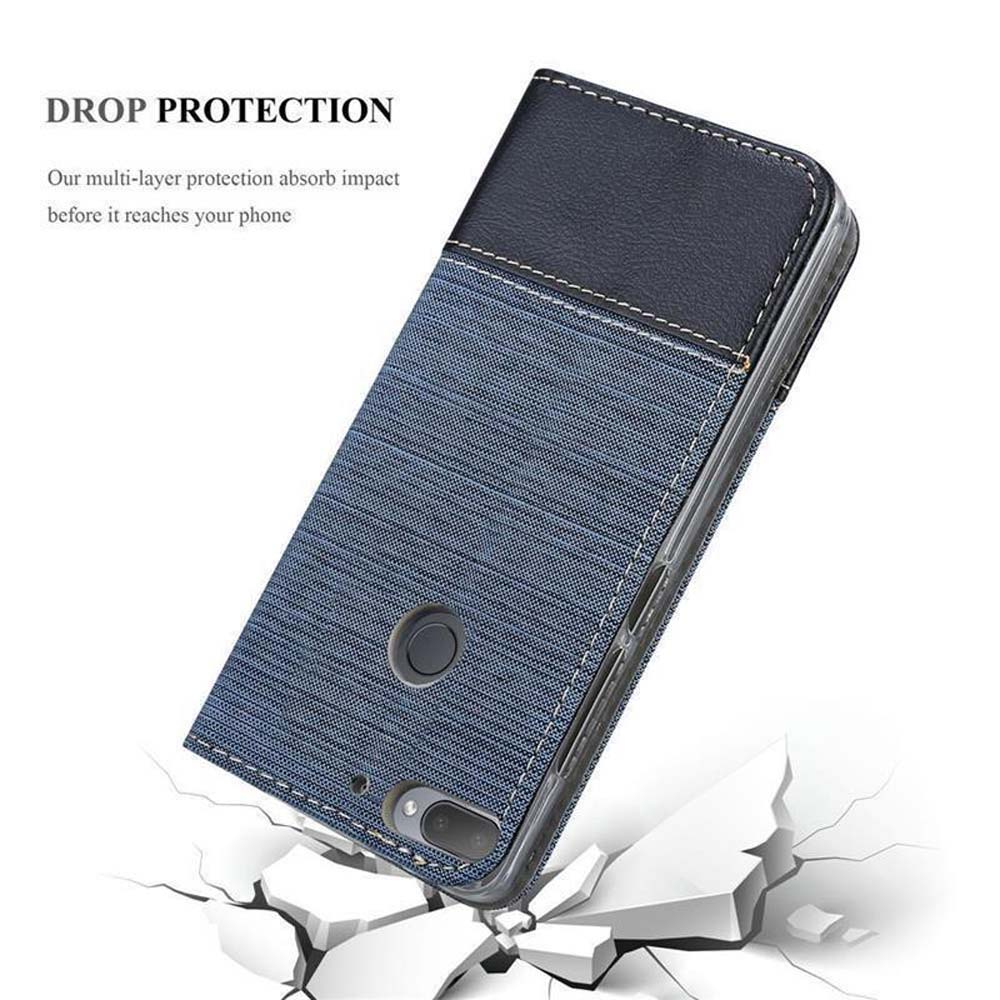 Custodia per telefono con tessuto blu e parte superiore nera. Testo: Protezione dalle cadute. Protezione multistrato.