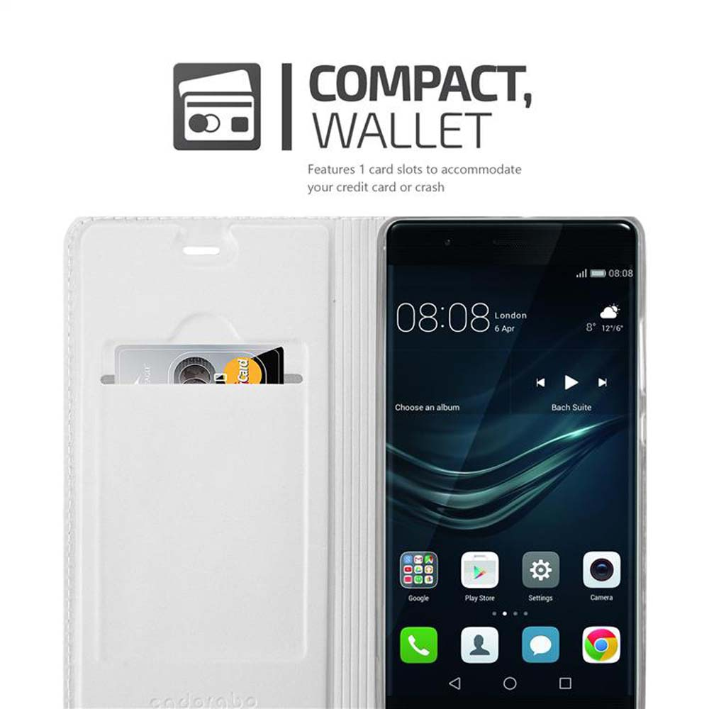 Telefon in einer Brieftasche. Das Telefon zeigt die Uhrzeit und App-Symbole an. Die Hülle hat einen Kartensteckplatz.