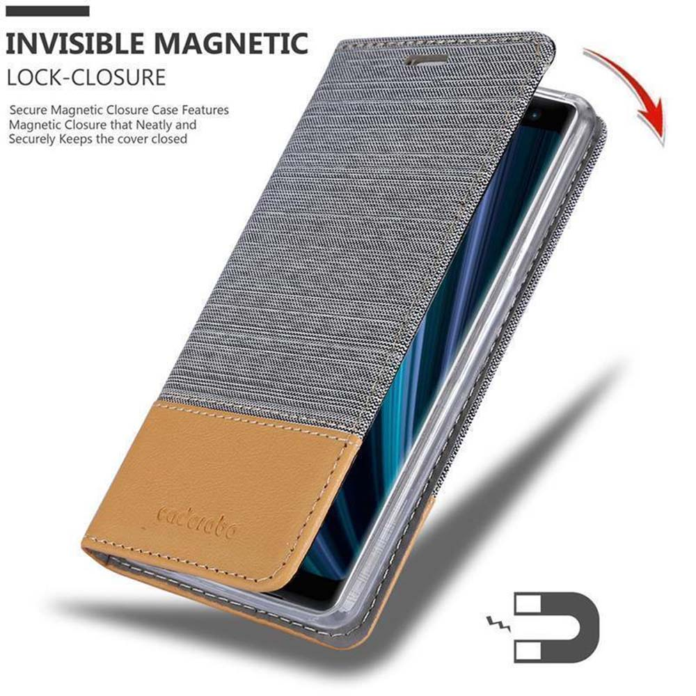 Handyhülle mit grauem und braunem Leder, offen und zeigt das Telefon. Magnetverschluss wird beworben.