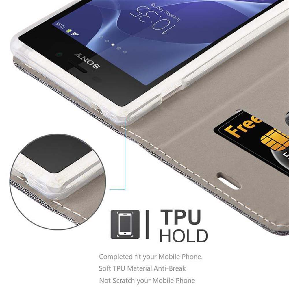 Un teléfono en una funda con ranura para tarjetas. Texto: TPU HOLD.