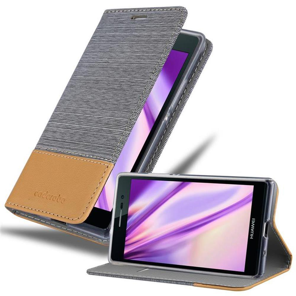 Telefono Huawei con custodia aperta, custodia marrone e grigia. Lo schermo è acceso e visibile. Una seconda custodia aperta.